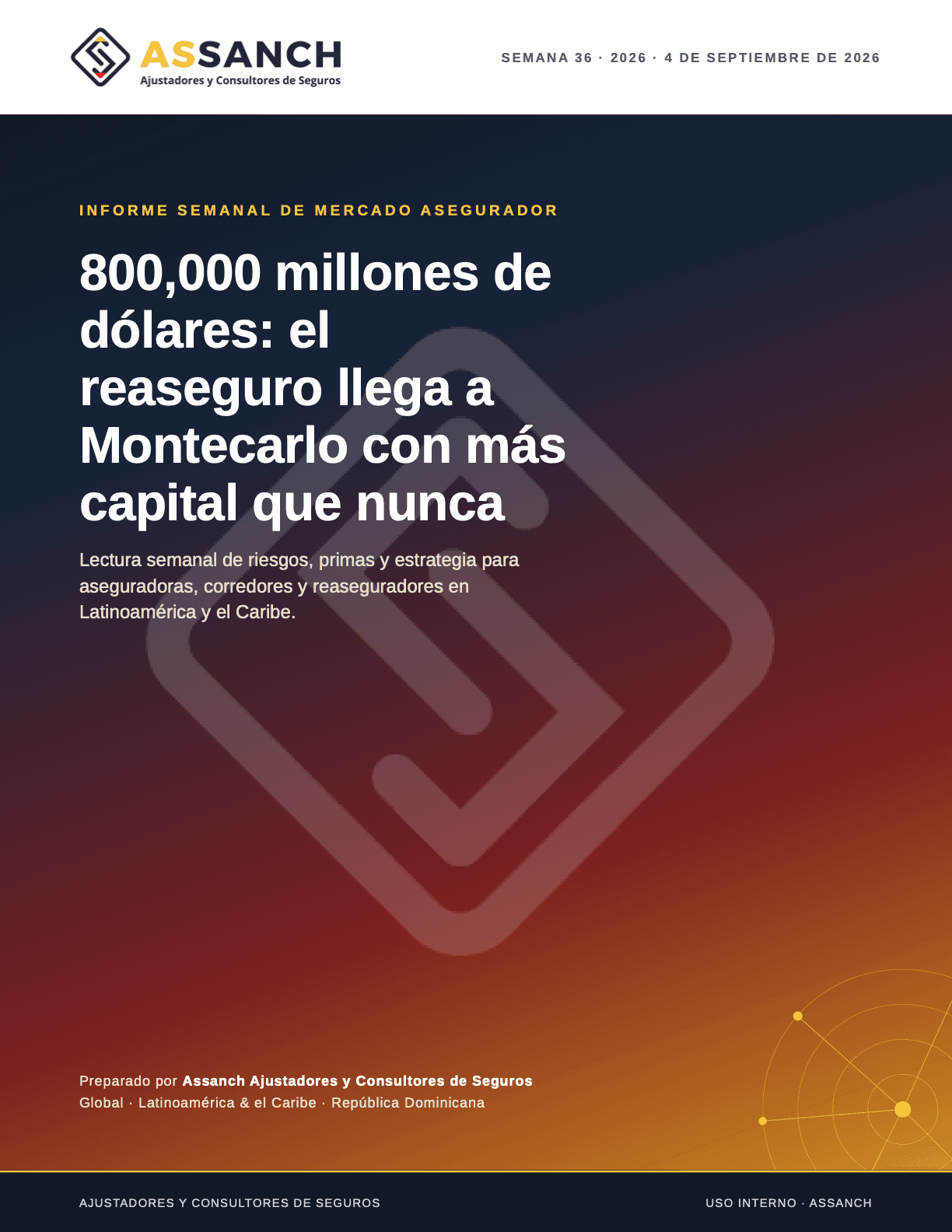Portada del informe: 800,000 millones de dólares: el reaseguro llega a Montecarlo con más capital que nunca